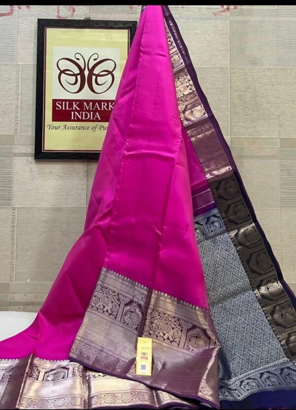 Radiant Magenta Pink Soft Silk Saree with Midnight Navy Silver Zari Korvai Border & Pallu