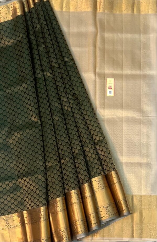 Deep Bottle Green & Cream Pure Silk Saree with Elegant Gold Zari Brocade