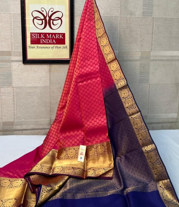 Vibrant Rani Pink & Deep Navy Blue Pure Silk Saree with Rich Gold Zari Border