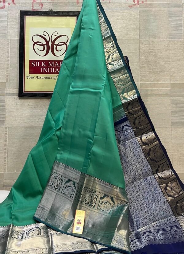 Stunning Pastel Mint Green Soft Silk Saree with Midnight Navy Silver Zari Korvai Border & Pallu