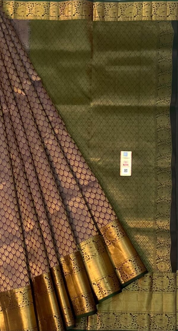 Antique Mauve & Olive Green Pure Silk Saree with Rich Gold Zari Border