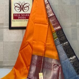 Radiant Mustard Orange Soft Silk Saree with Midnight Navy Silver Zari Korvai Border & Pallu