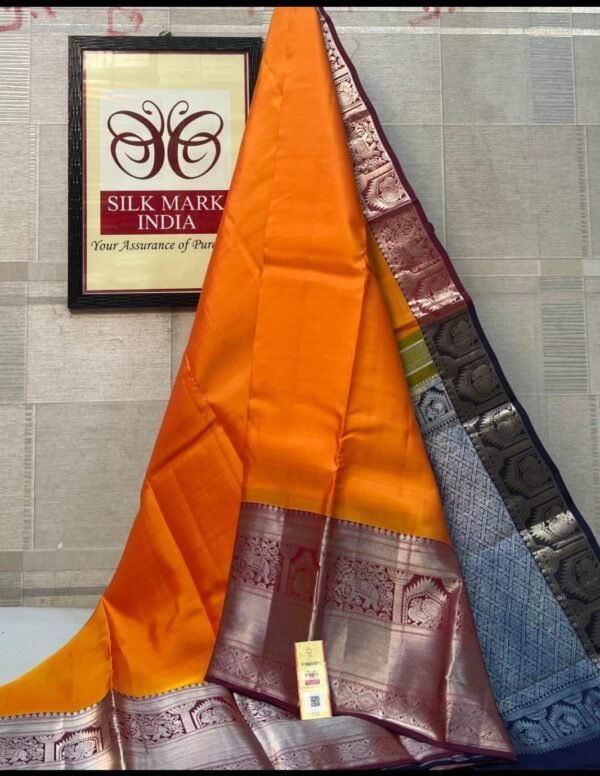 Radiant Mustard Orange Soft Silk Saree with Midnight Navy Silver Zari Korvai Border & Pallu