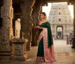 Emerald Green & Baby Pink Kanjivaram Silk Saree with Gold Zari Buttas
