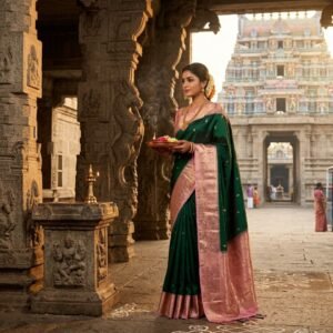 Emerald Green & Baby Pink Kanjivaram Silk Saree with Gold Zari Buttas