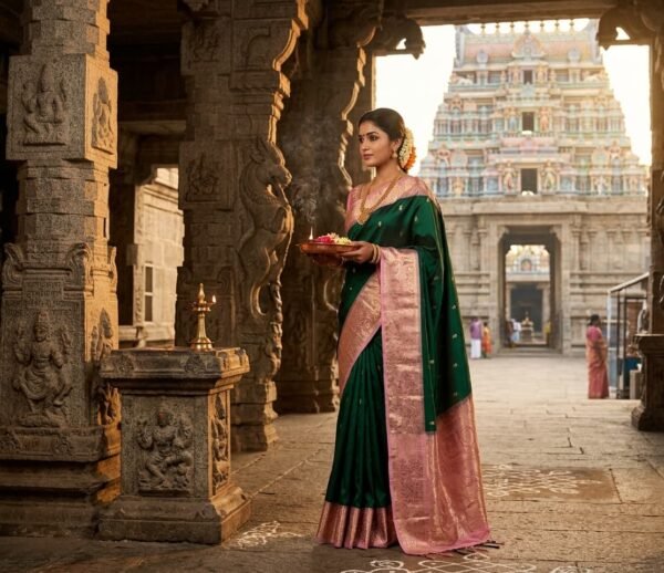 Emerald Green & Baby Pink Kanjivaram Silk Saree with Gold Zari Buttas