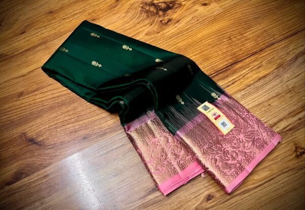 Emerald Green & Baby Pink Kanjivaram Silk Saree with Gold Zari Buttas