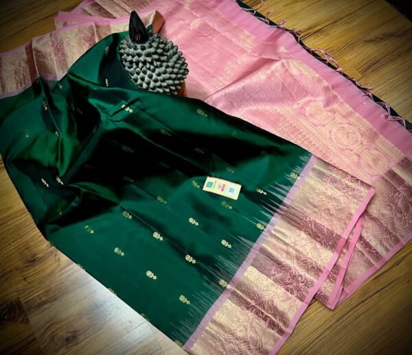 Emerald Green & Baby Pink Kanjivaram Silk Saree with Gold Zari Buttas