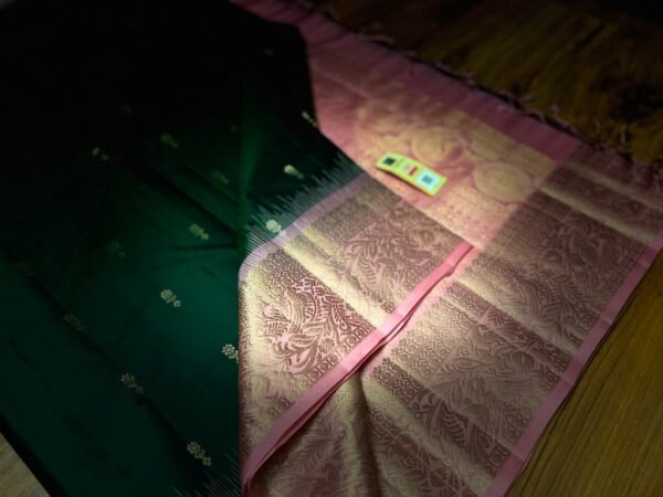 Emerald Green & Baby Pink Kanjivaram Silk Saree with Gold Zari Buttas
