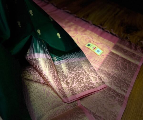 Emerald Green & Baby Pink Kanjivaram Silk Saree with Gold Zari Buttas