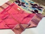 Vibrant Pink Silk Saree featuring Contrast Cream & Blue Floral Digital Printed Pallu & Gold Zari Brocade
