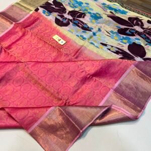 Vibrant Pink Silk Saree featuring Contrast Cream & Blue Floral Digital Printed Pallu & Gold Zari Brocade