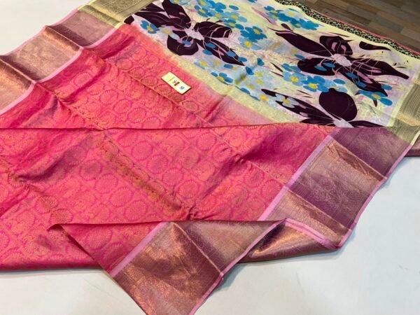 Vibrant Pink Silk Saree featuring Contrast Cream & Blue Floral Digital Printed Pallu & Gold Zari Brocade