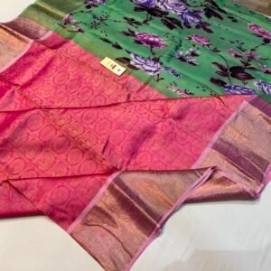 Dual-Tone Magenta & Sea Green Silk Saree with All-Over Gold Zari Weave & Floral Printed Pallu