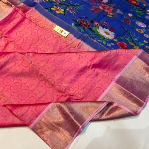 Vibrant Pink Silk Saree featuring Royal Blue Garden Floral Digital Print Pallu & Gold Zari Brocade