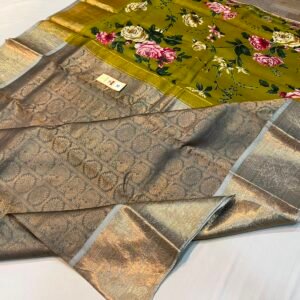 Metallic Antique Gold Zari Woven Saree with Contrast Olive Floral Digital Print Pallu