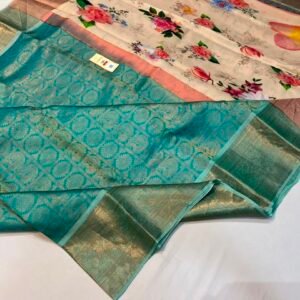 Rich Turquoise Gold Zari Woven Silk Saree with Contrast Cream Floral Digital Print Pallu