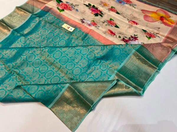 Rich Turquoise Gold Zari Woven Silk Saree with Contrast Cream Floral Digital Print Pallu