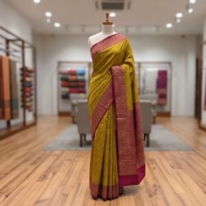 Elegant Olive Green Gold Zari Georgette Saree with Contrast Pink Rich Woven Border & Designer Pallu