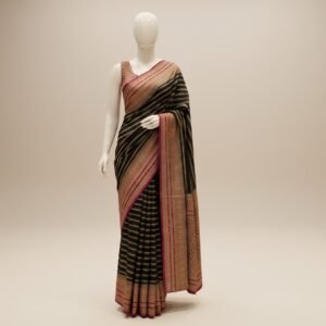 Elegant Black Gold Zari Georgette Saree with Contrast Magenta Rich Woven Border & Floral Pallu