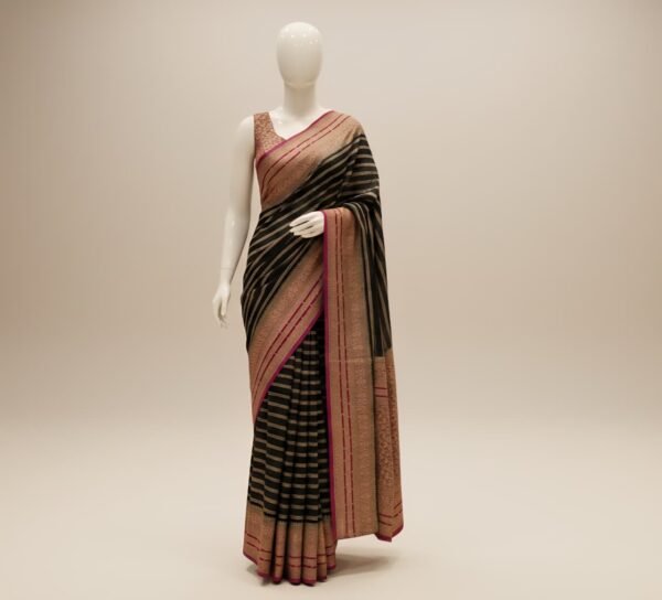 Elegant Black Gold Zari Georgette Saree with Contrast Magenta Rich Woven Border & Floral Pallu