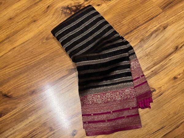 Elegant Black Gold Zari Georgette Saree with Contrast Magenta Rich Woven Border & Floral Pallu