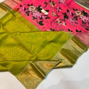 Elegant Olive & Bright Pink Silk Saree featuring Floral Digital Printed Pallu & Gold Zari Brocade