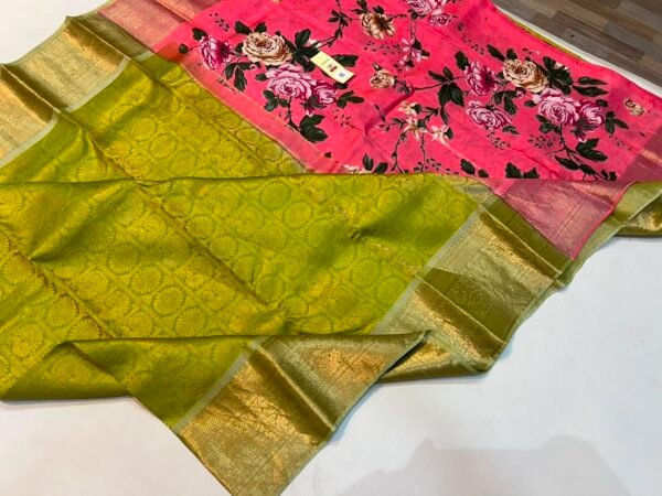 Elegant Olive & Bright Pink Silk Saree featuring Floral Digital Printed Pallu & Gold Zari Brocade