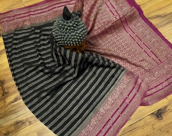 Elegant Black Gold Zari Georgette Saree with Contrast Magenta Rich Woven Border & Floral Pallu