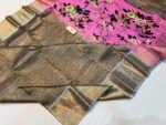 Elegant Charcoal-Grey Silk Saree featuring Bubblegum Pink Rose Digital Print Pallu & Antique Zari Brocade
