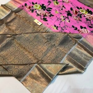 Elegant Charcoal-Grey Silk Saree featuring Bubblegum Pink Rose Digital Print Pallu & Antique Zari Brocade