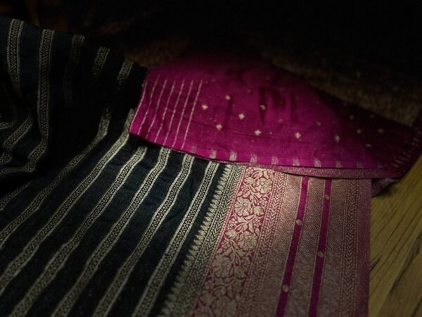 Elegant Black Gold Zari Georgette Saree with Contrast Magenta Rich Woven Border & Floral Pallu