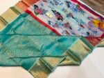 Sea Green Gold Zari Brocade Saree with Powder Blue Floral Printed Pallu