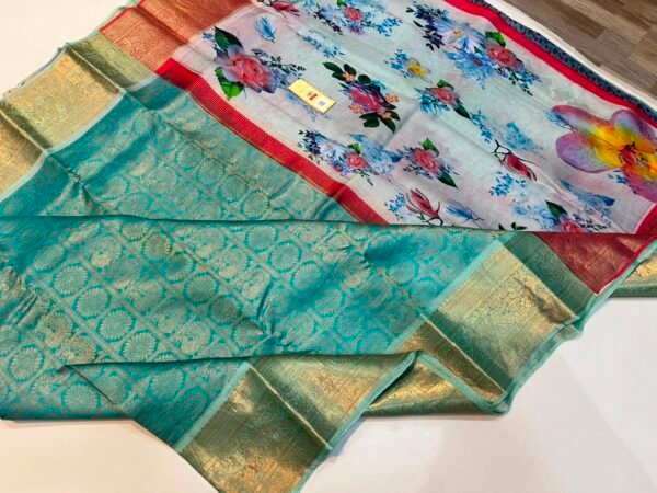 Sea Green Gold Zari Brocade Saree with Powder Blue Floral Printed Pallu
