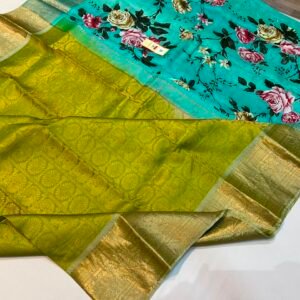 Lime Green Gold Zari Brocade Saree with Turquoise Floral Printed Pallu