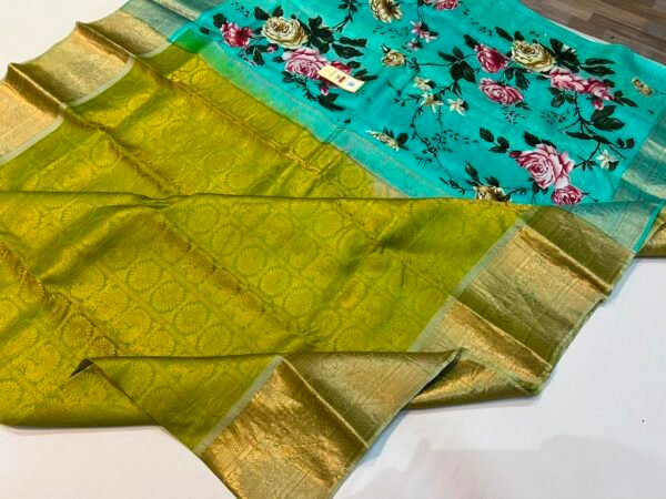 Lime Green Gold Zari Brocade Saree with Turquoise Floral Printed Pallu
