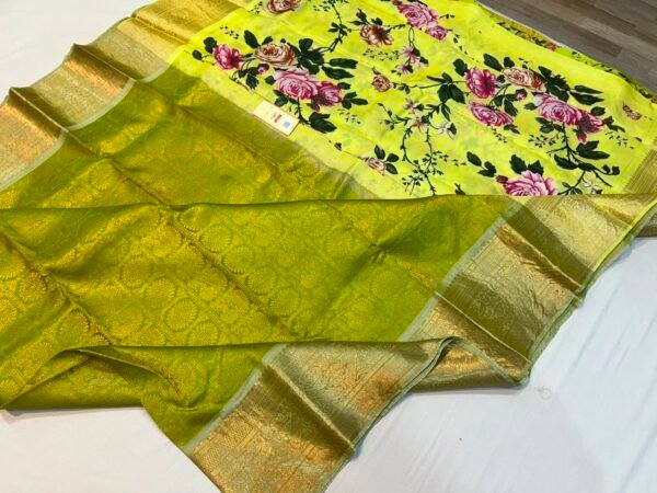 Mehendi Green Gold Zari Brocade Saree with Bright Yellow Floral Printed Pallu