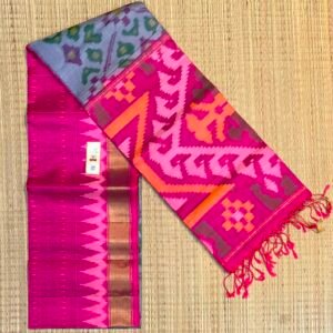 Handwoven Grey & Rani Pink Pochampally Ikat Silk Saree with Traditional Geometric Motifs and Rich Zari Border