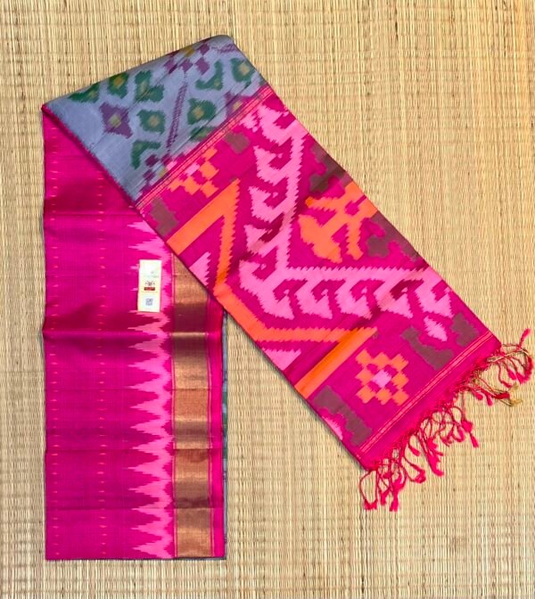 Handwoven Grey & Rani Pink Pochampally Ikat Silk Saree with Traditional Geometric Motifs and Rich Zari Border
