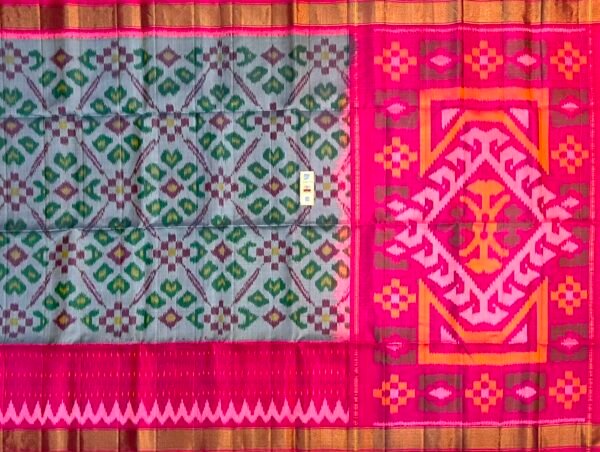 Handwoven Grey & Rani Pink Pochampally Ikat Silk Saree with Traditional Geometric Motifs and Rich Zari Border