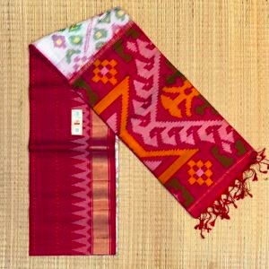 Handwoven White & Rani Pink Pochampally Ikat Silk Saree with Traditional Geometric Motifs and Zari Border