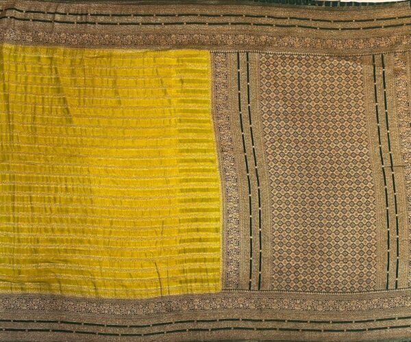 Elegant Mustard Yellow Gold Zari Georgette Saree with Contrast Deep Green Rich Woven Border & Designer Pallu
