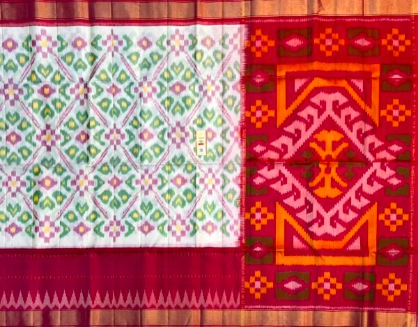 Handwoven White & Rani Pink Pochampally Ikat Silk Saree with Traditional Geometric Motifs and Zari Border
