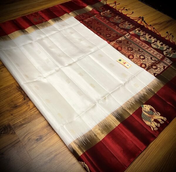 Elegant White & Maroon Pure Silk Saree with Gold Zari Elephant Border and Rich Pallu
