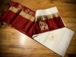 Elegant White & Maroon Pure Silk Saree with Gold Zari Elephant Border and Rich Pallu