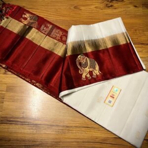 Elegant White & Maroon Pure Silk Saree with Gold Zari Elephant Border and Rich Pallu
