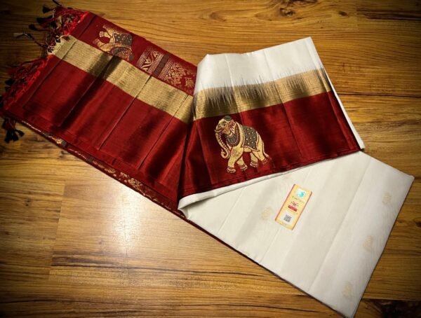 Elegant White & Maroon Pure Silk Saree with Gold Zari Elephant Border and Rich Pallu