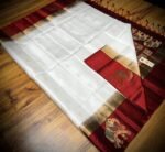 Elegant White & Maroon Pure Silk Saree with Gold Zari Elephant Border and Rich Pallu