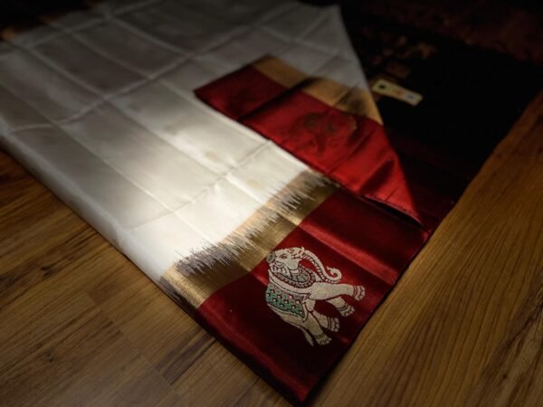 Elegant White & Maroon Pure Silk Saree with Gold Zari Elephant Border and Rich Pallu