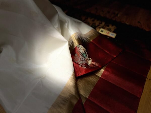 Elegant White & Maroon Pure Silk Saree with Gold Zari Elephant Border and Rich Pallu